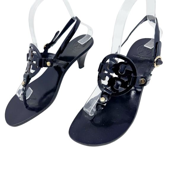 TORY BURCH Black Patent Leather Miller Kitten Heels Sandals Logo Classic Size 8 - Picture 3 of 8